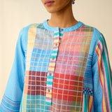 Old Town Slub Cotton Check Kurta - Skyblue