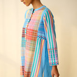 Old Town Slub Cotton Check Kurta - Skyblue