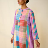 Old Town Slub Cotton Check Kurta - Dusty Pink
