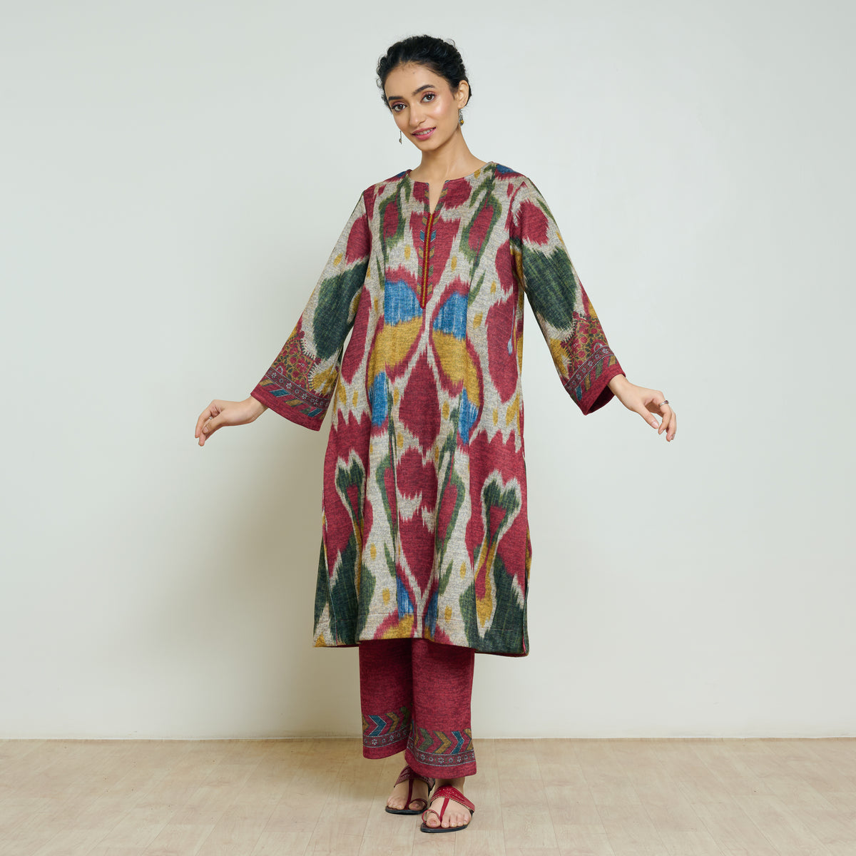 Moonara Hand Embroidered Woollen Kurta Set - Beige