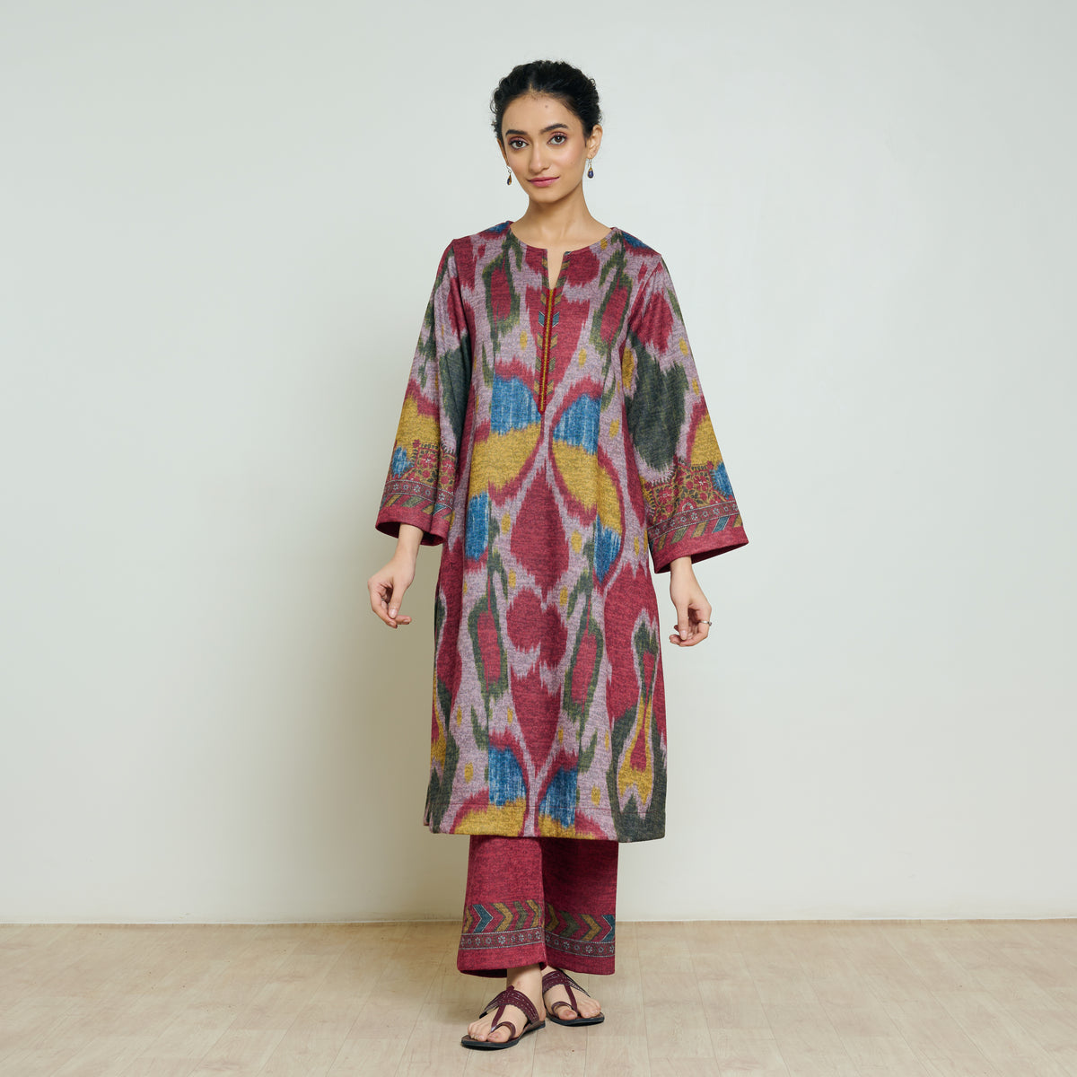 Moonara Hand Embroidered Woollen Kurta Set - Dusty Pink