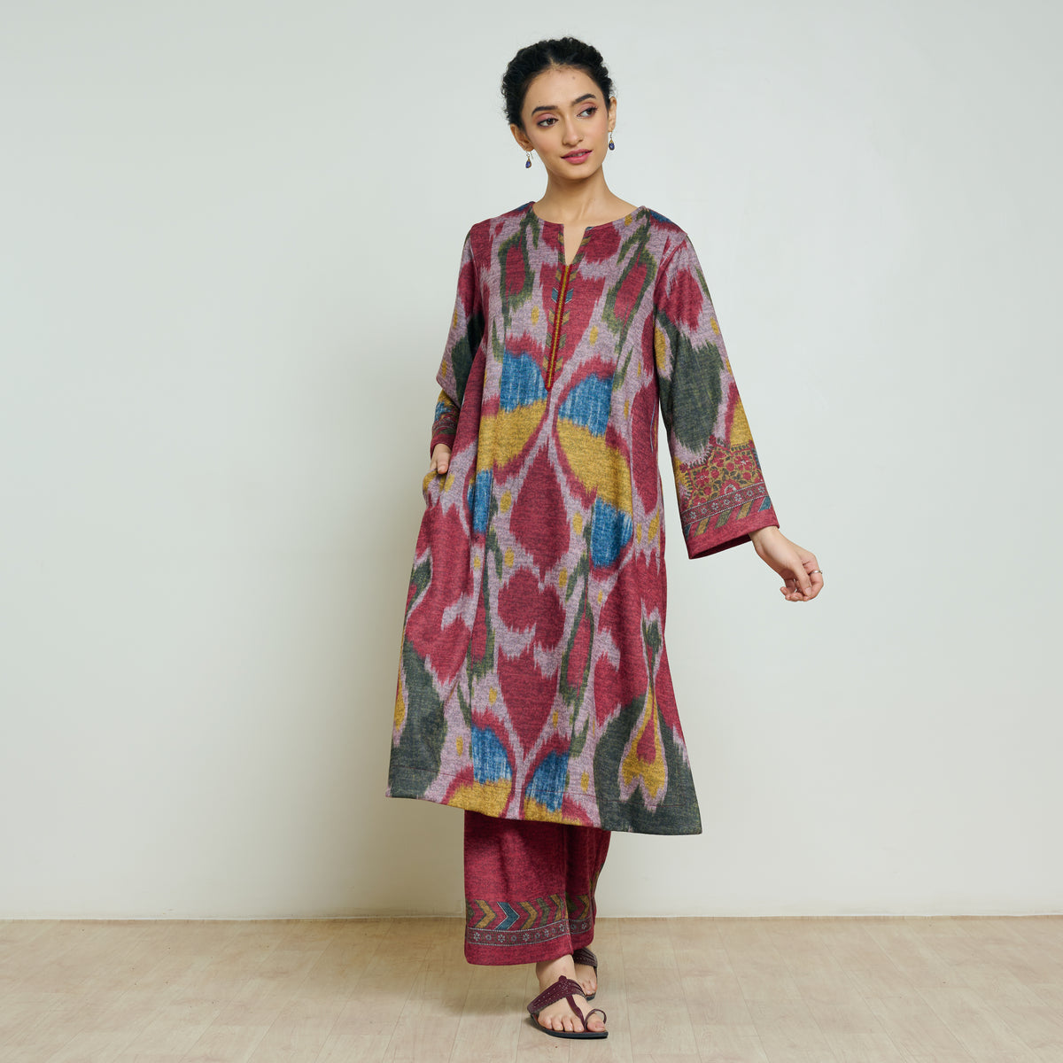 Moonara Hand Embroidered Woollen Kurta Set - Dusty Pink