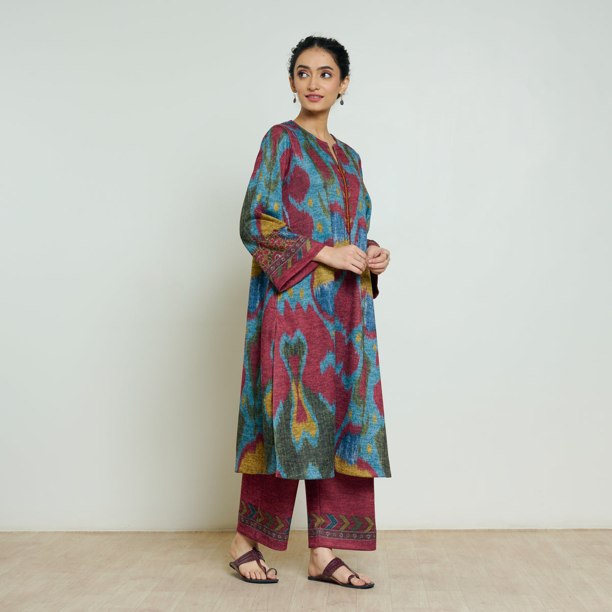 Moonara Hand Embroidered Woollen Kurta Set - Ocean Blue