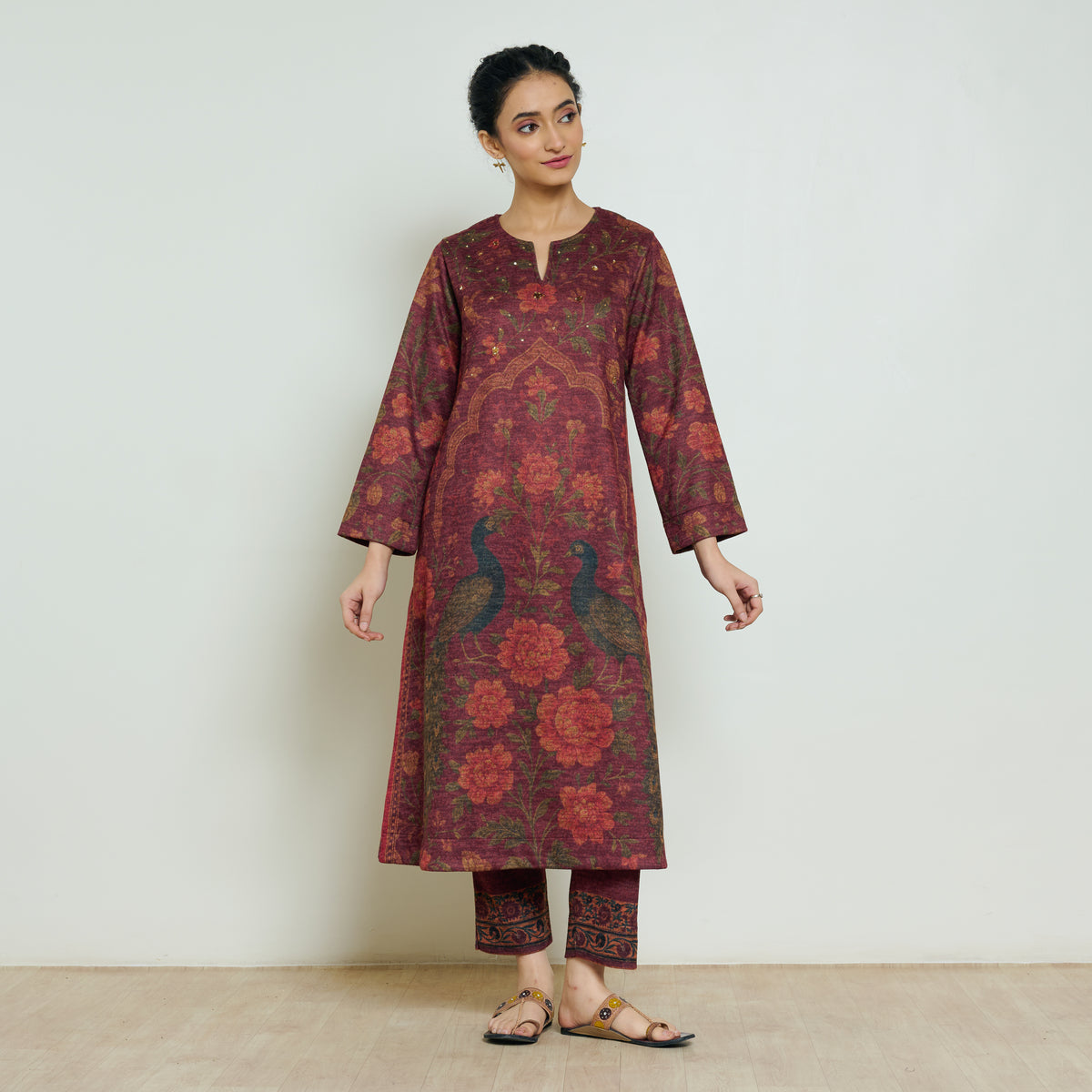 Valley of Flowers Hand Embroidered Woollen Kurta Set - Brick Red
