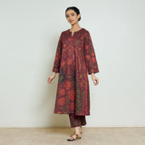 Valley of Flowers Hand Embroidered Woollen Kurta Set - Brick Red