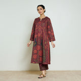Valley of Flowers Hand Embroidered Woollen Kurta Set - Brick Red