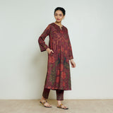 Valley of Flowers Hand Embroidered Woollen Kurta Set - Brick Red