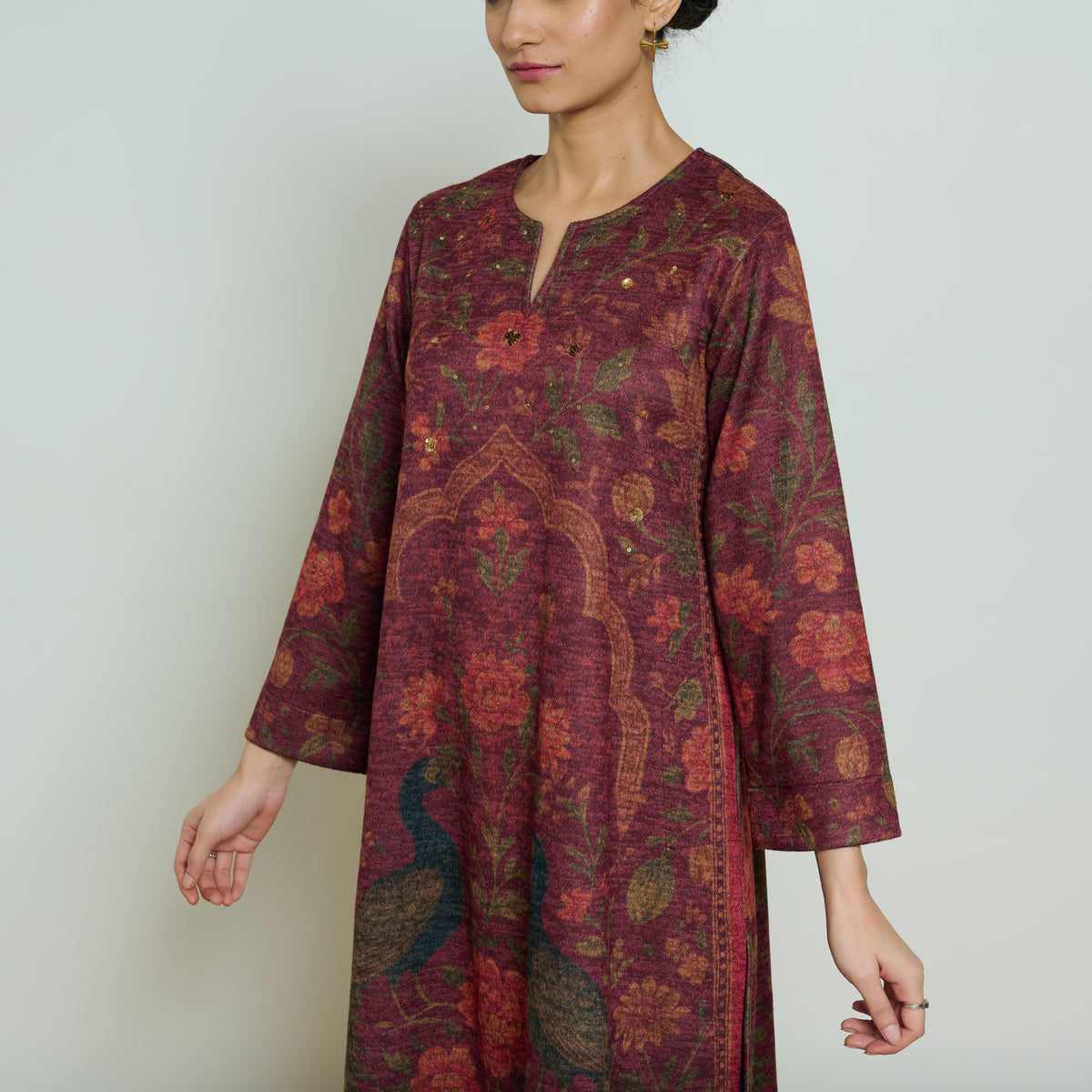 Valley of Flowers Hand Embroidered Woollen Kurta Set - Brick Red