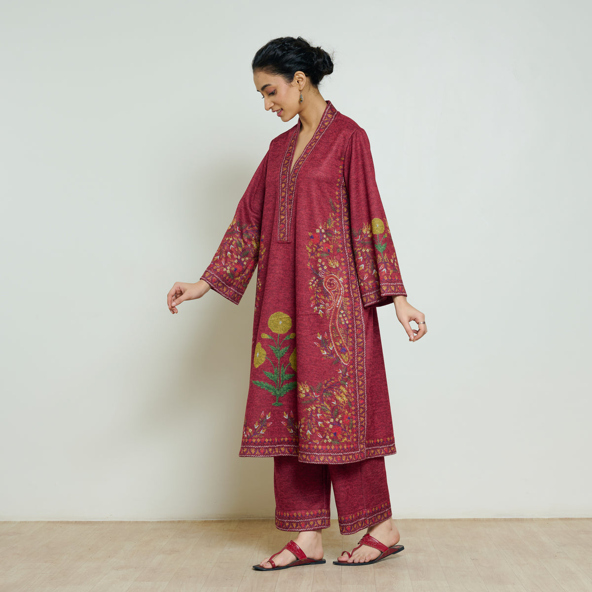 Gulmohar Woollen Kurta Set - Brick Red