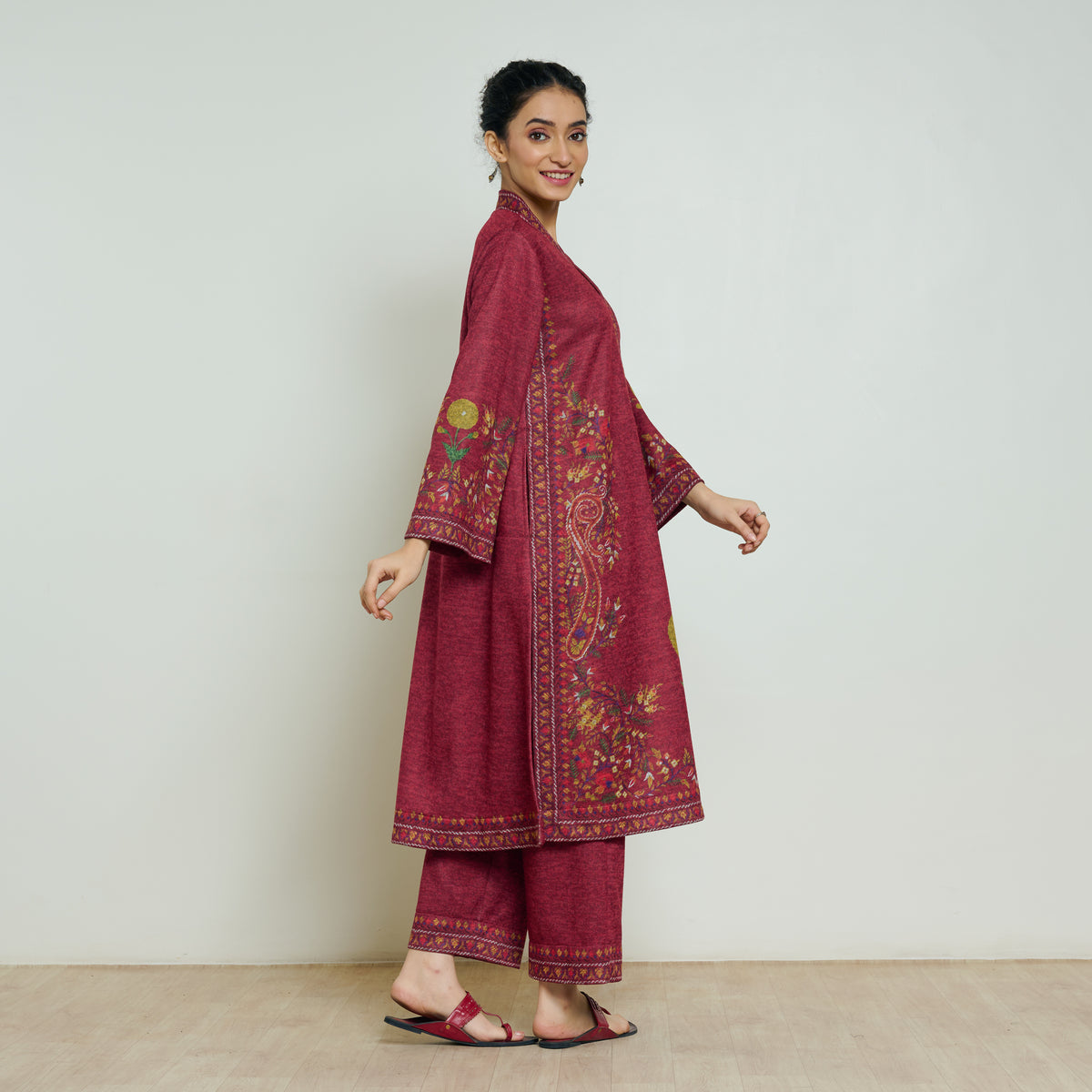 Gulmohar Woollen Kurta Set - Brick Red