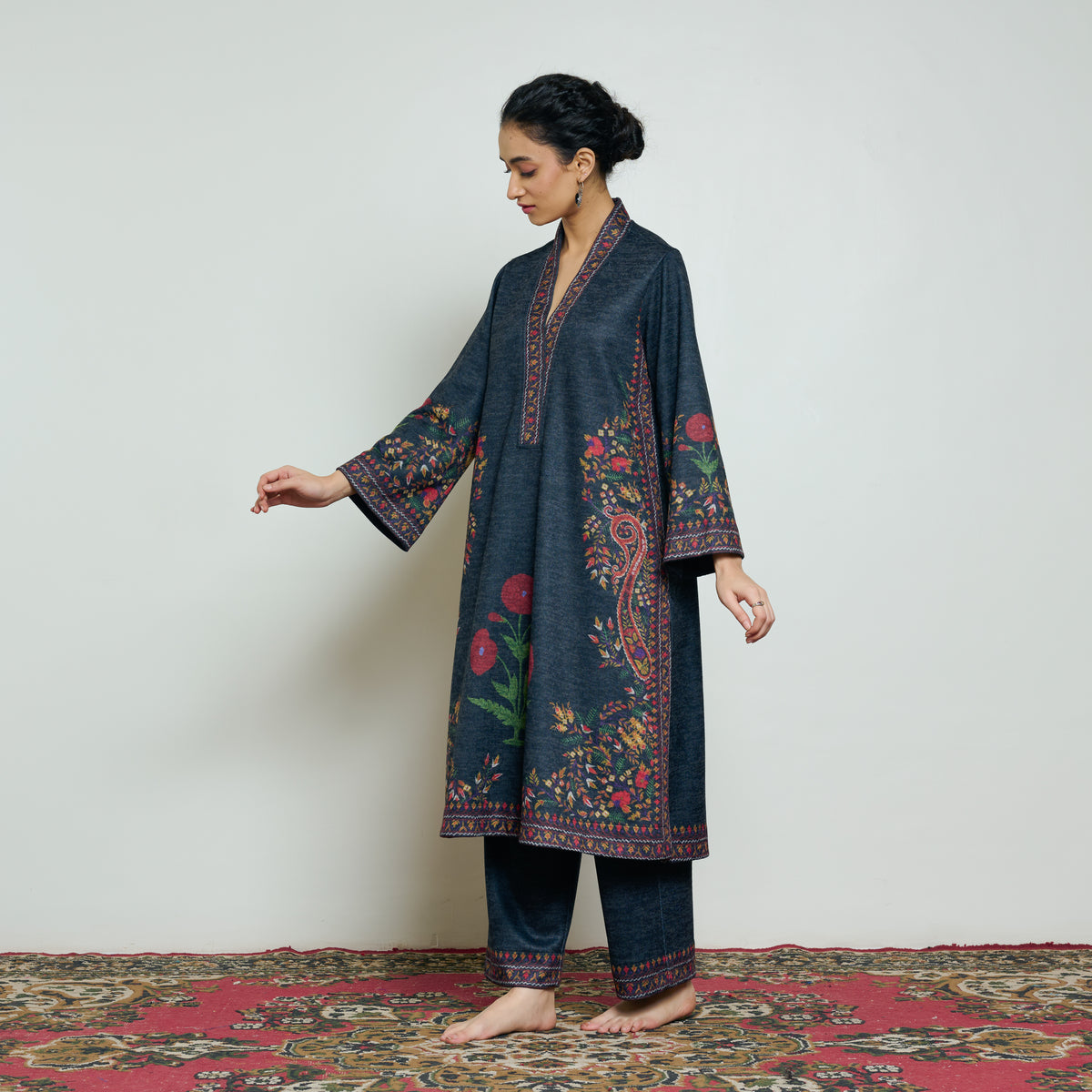 Gulmohar Woollen Kurta Set - Charcoal