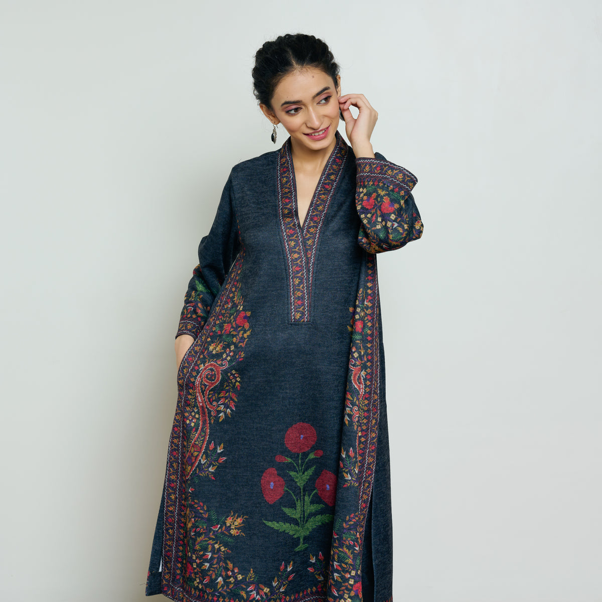 Gulmohar Woollen Kurta Set - Charcoal