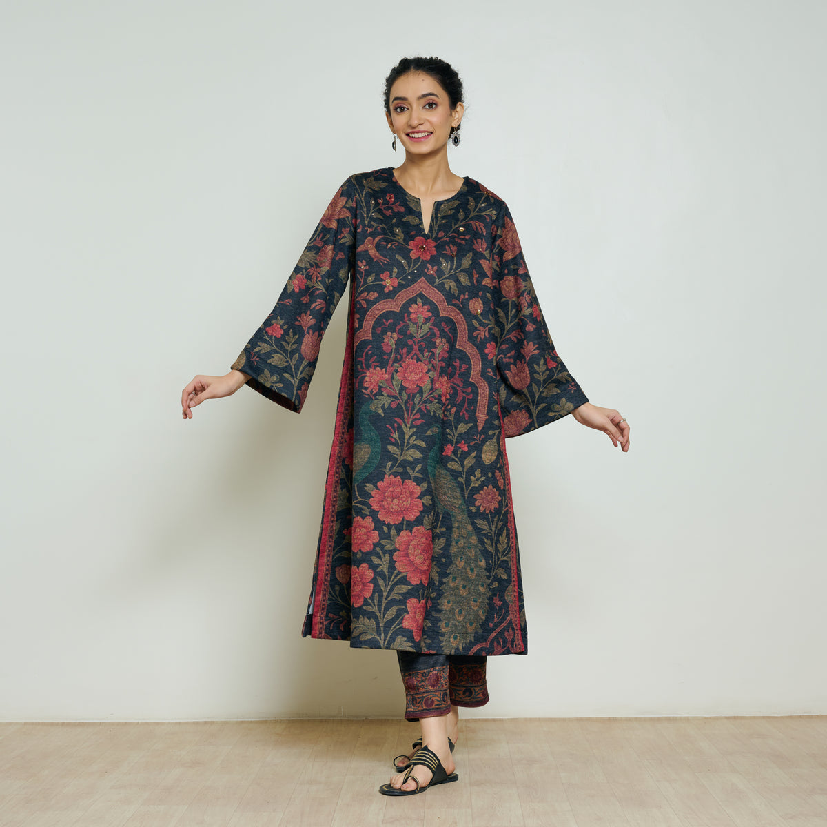 Valley of Flowers Hand Embroidered Woollen Kurta Set - Charcoal