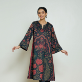 Valley of Flowers Hand Embroidered Woollen Kurta - Charcoal