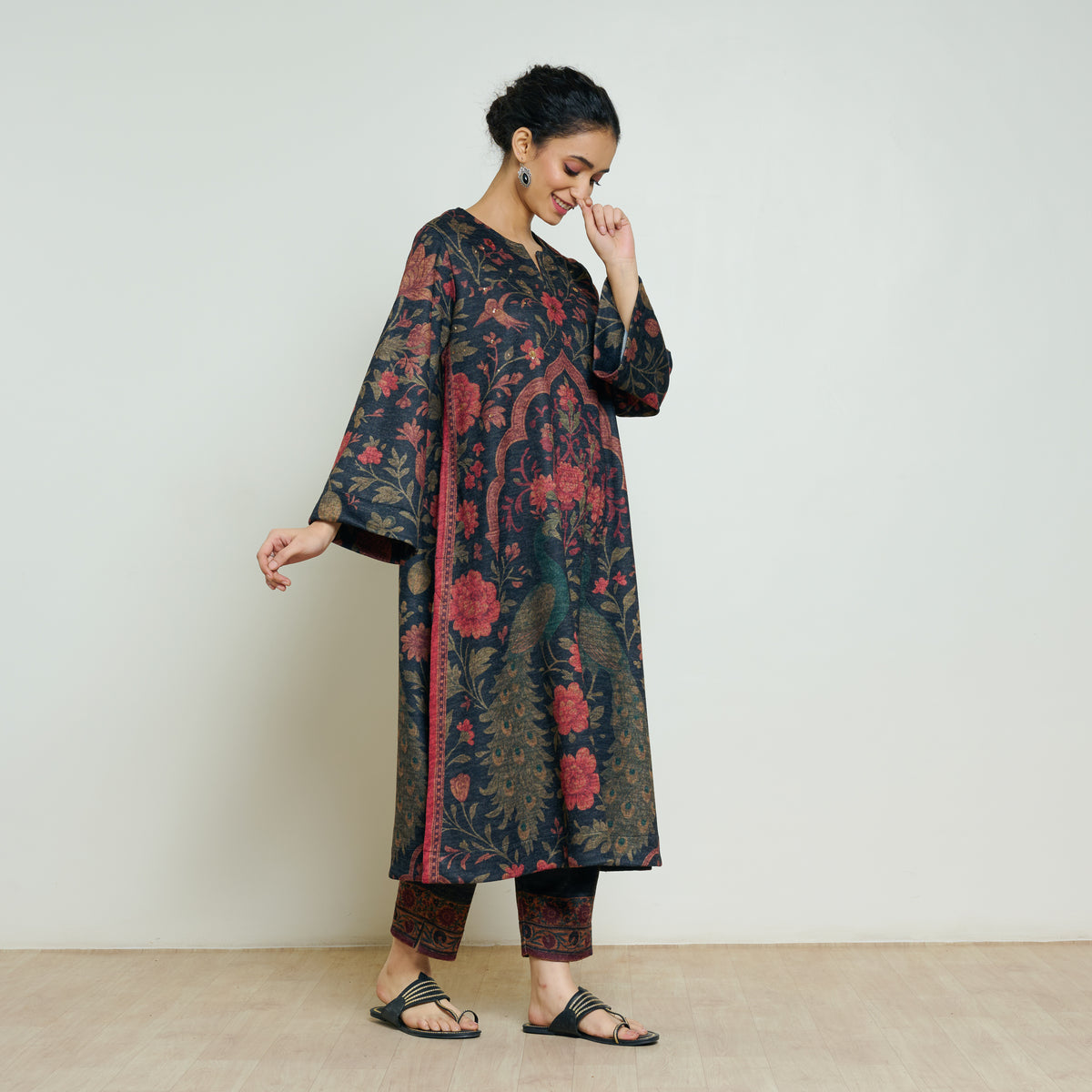 Valley of Flowers Hand Embroidered Woollen Kurta - Charcoal