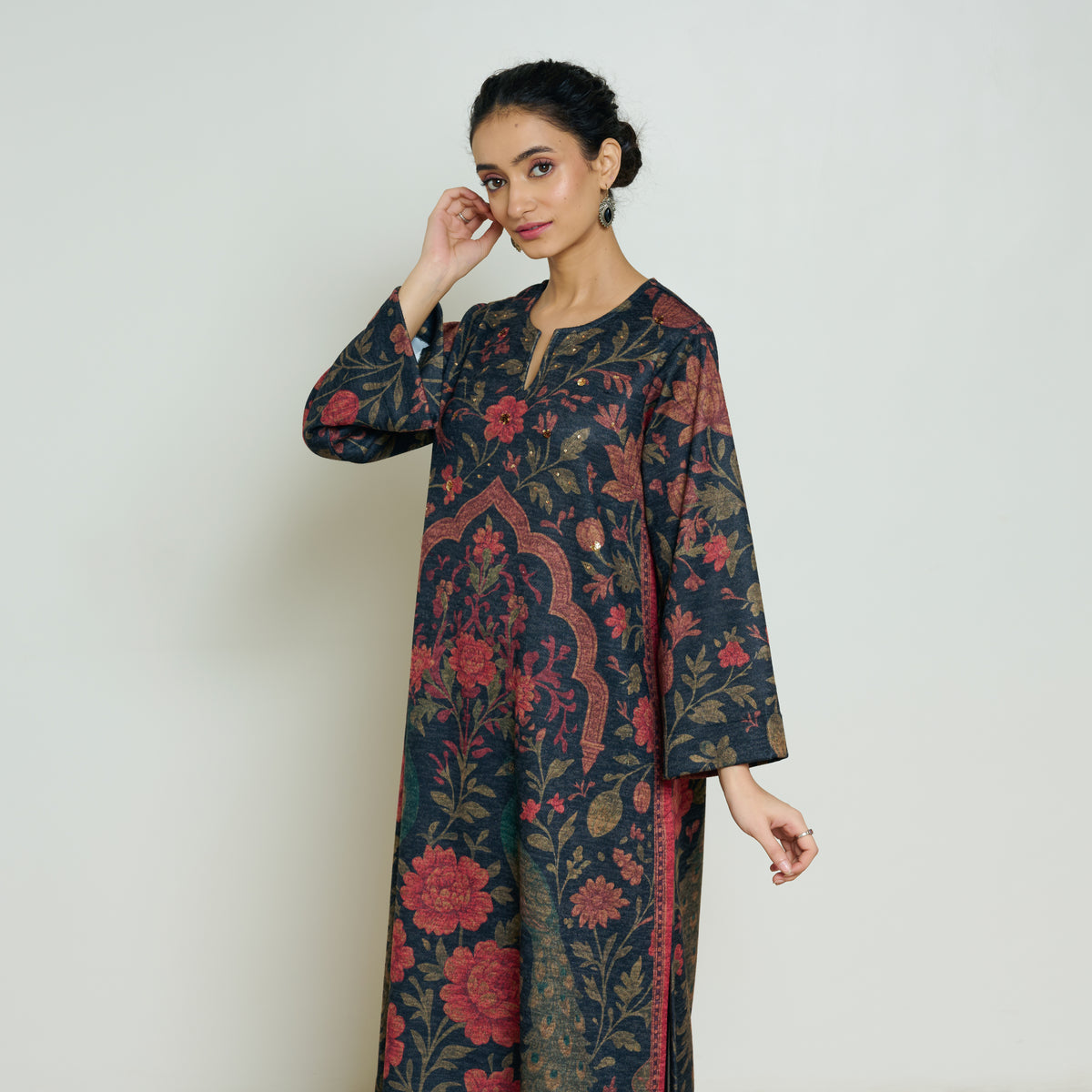 Valley of Flowers Hand Embroidered Woollen Kurta - Charcoal