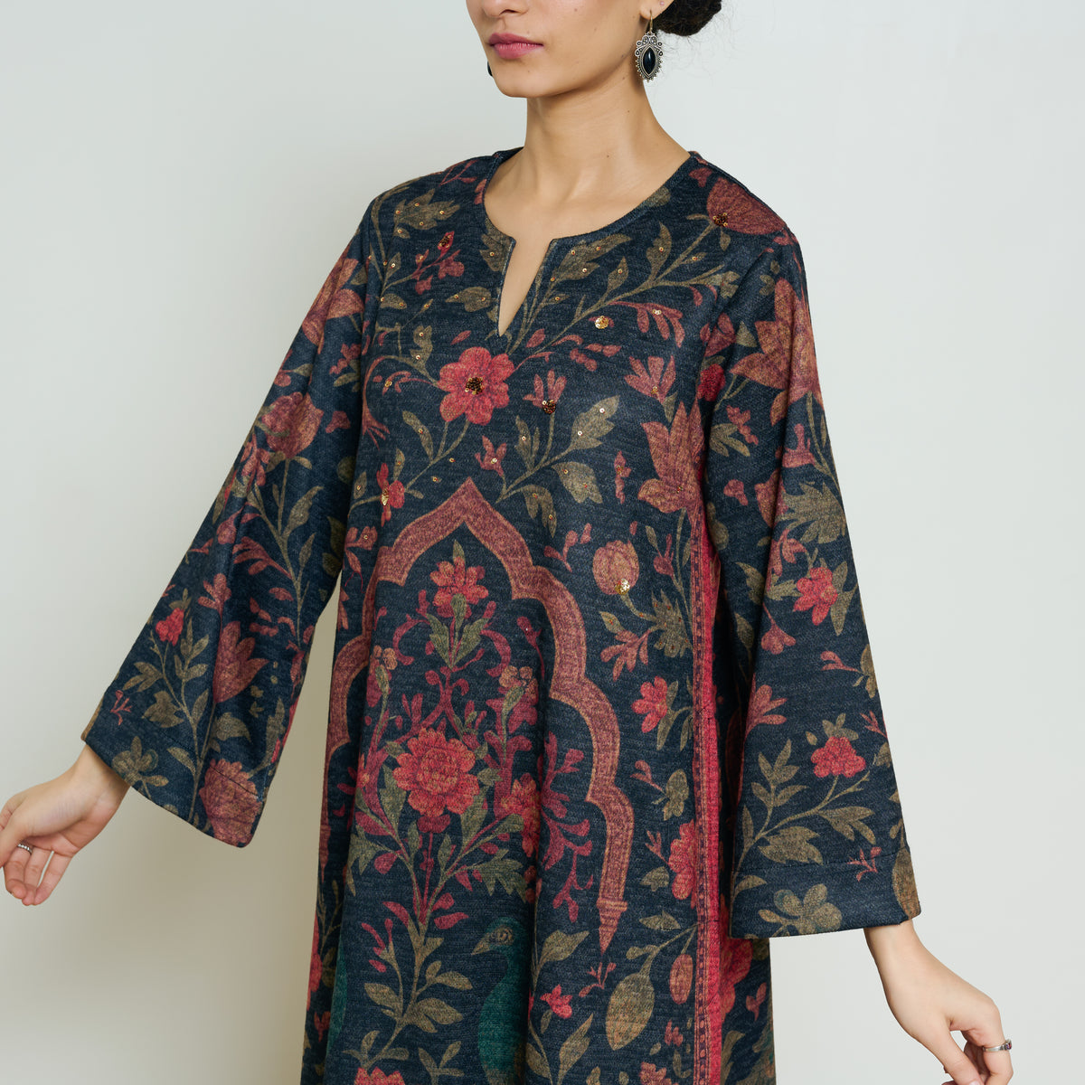 Valley of Flowers Hand Embroidered Woollen Kurta - Charcoal