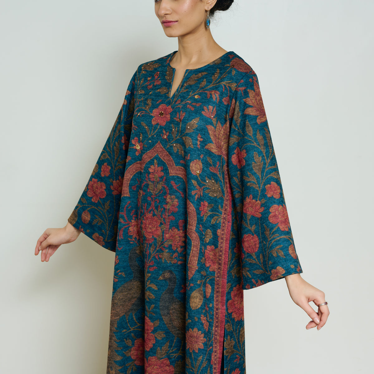 Valley of Flowers Hand Embroidered Woollen Kurta Set - Transformative Teal