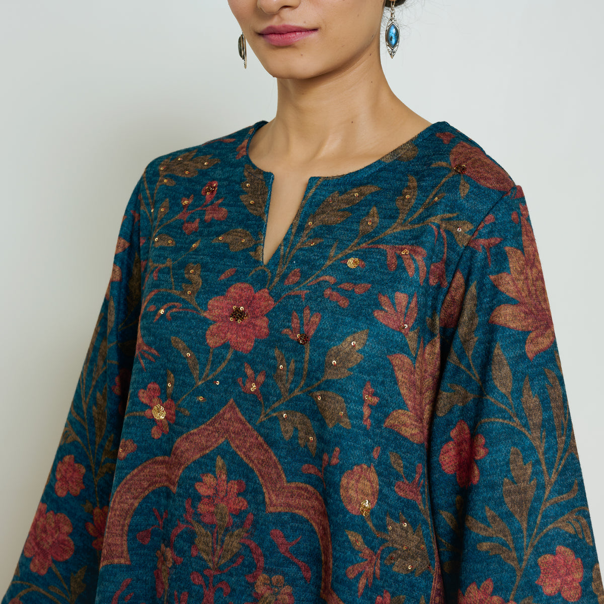 Valley of Flowers Hand Embroidered Woollen Kurta Set - Transformative Teal