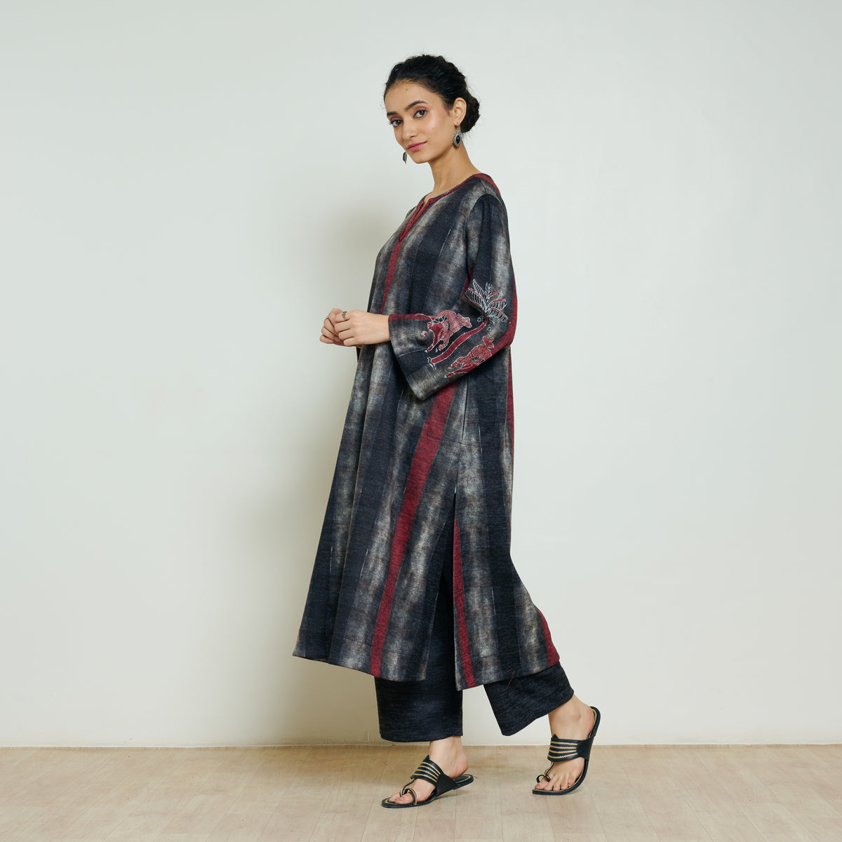 Rayforest Hand Embroidered Woollen Kurta - Charcoal