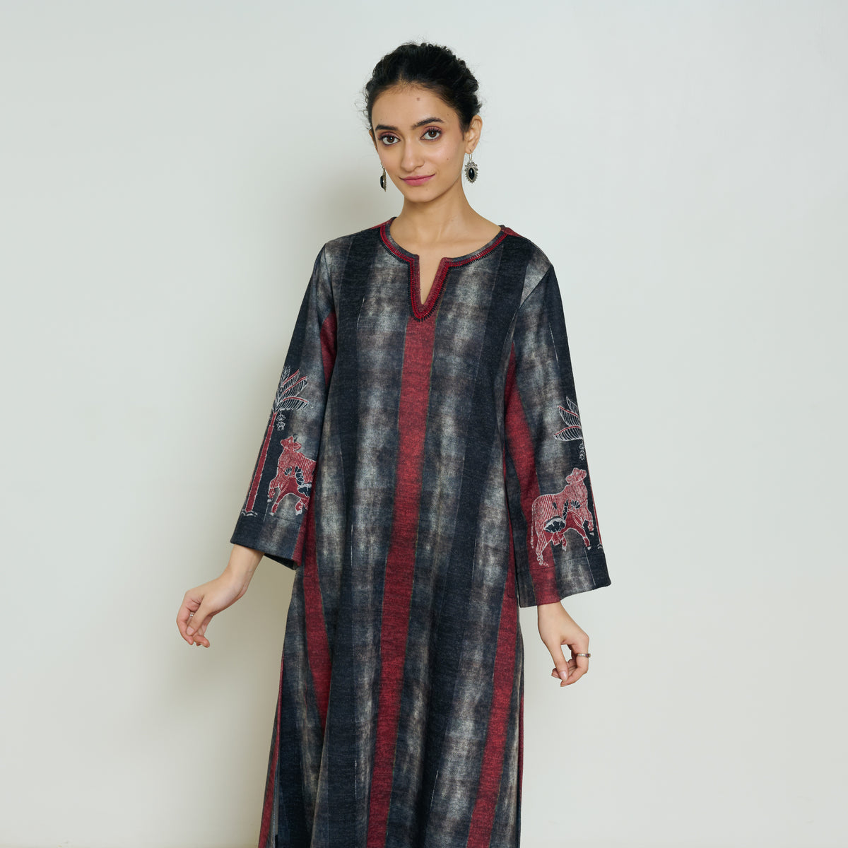 Rayforest Hand Embroidered Woollen Kurta - Charcoal