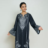 Nura Hand Embroidered Woollen Long Kurta - Black