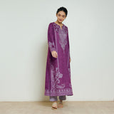 Nura Hand Embroidered Woollen Long Kurta - Wine