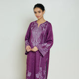 Nura Hand Embroidered Woollen Long Kurta - Wine