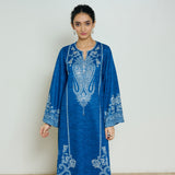 Nura Hand Embroidered Woollen Long Kurta - Electric Blue