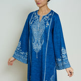 Nura Hand Embroidered Woollen Long Kurta - Electric Blue
