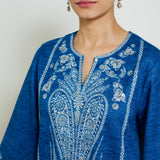 Nura Hand Embroidered Woollen Long Kurta - Electric Blue