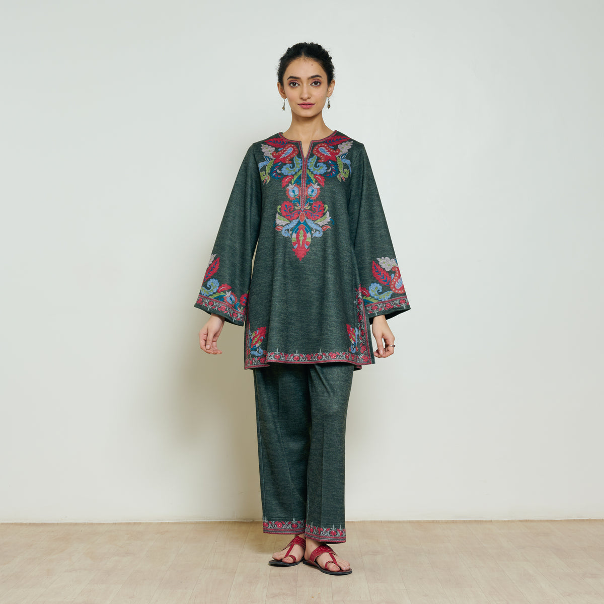 Kashmira Woollen Coord Set - Forest Green