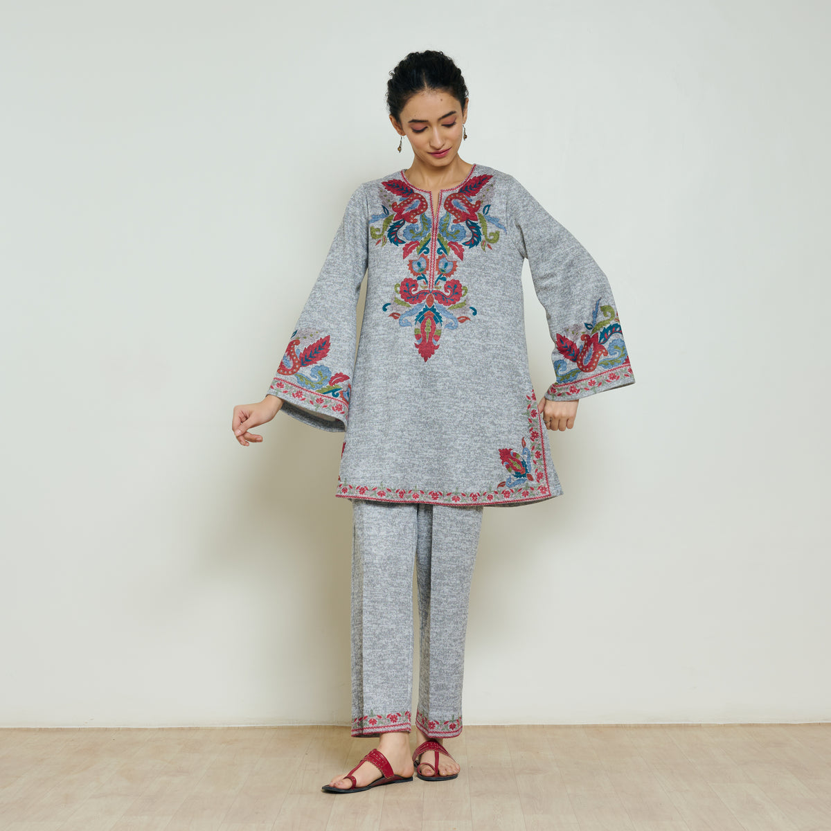 Kashmira Woollen Coord Set - Snow Grey
