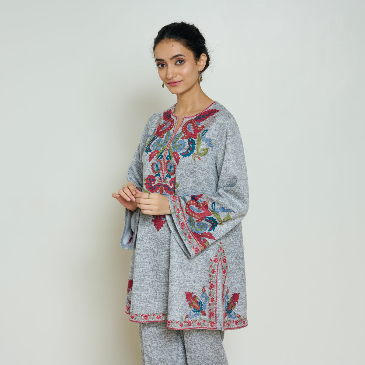 Kashmira Woollen Coord Set - Snow Grey