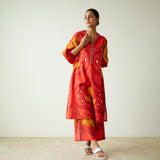 Viola Hand Embroidered Slub Cotton Kurta Set - Red