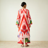 Red Tulip Ikat Inspired Slub Cotton Kurta Set with Lace Detailing - Baby Pink