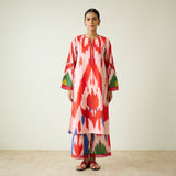 Red Tulip Ikat Inspired Slub Cotton Kurta Set with Lace Detailing - Baby Pink