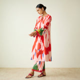 Red Tulip Ikat Inspired Slub Cotton Kurta Set with Lace Detailing - Baby Pink