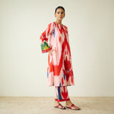 Red Tulip Ikat Inspired Slub Cotton Kurta Set with Lace Detailing - Baby Pink