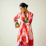 Red Tulip Ikat Inspired Slub Cotton Kurta Set with Lace Detailing - Baby Pink