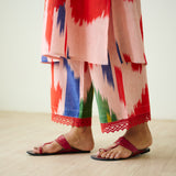 Red Tulip Ikat Inspired Slub Cotton Kurta Set with Lace Detailing - Baby Pink