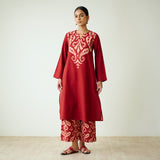 Resha Slub Cotton Kurta Set with Mukaish Work - Rust