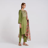 Olive Embroidered Phulwari Velvet Set with Dupatta