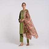Olive Embroidered Phulwari Velvet Set with Dupatta