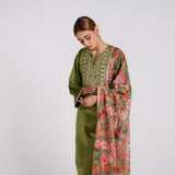 Olive Embroidered Phulwari Velvet Set with Dupatta
