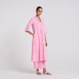 Cotton Candy Jamdani Kurta Pant Set with Embroidery Detail