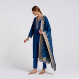 Royal Blue Varak Embroidered Velvet Set with Brocade Dupatta