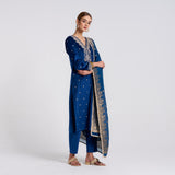 Royal Blue Varak Embroidered Velvet Set with Brocade Dupatta