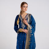 Royal Blue Varak Embroidered Velvet Set with Brocade Dupatta