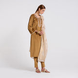 Brown Ochre Embroidered Noor Velvet Set with Brocade Dupatta